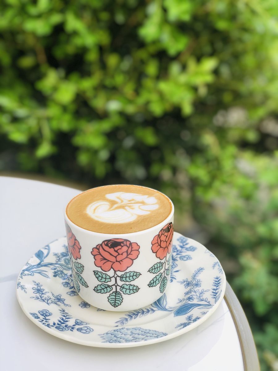 群青咖啡馆的拿铁咖啡，瓷杯绘有红玫瑰图案，配青花瓷碟，背景是窗外绿植